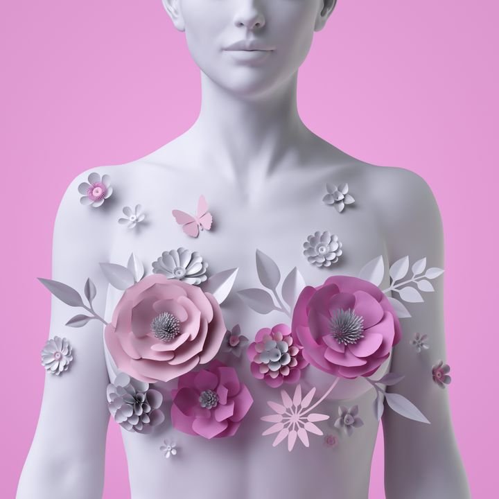 3d render, floral female bust, mannequin decorated with delicate paper flowers, white woman silhouette isolated on pink background. Breast cancer support. Fashion concept. Modern botanical sculpture.