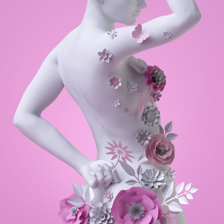 3d render, female slim body back view, white mannequin decorated with delicate paper flowers, woman silhouette isolated on pink background. Fashion floral dress concept. Modern botanical sculpture.