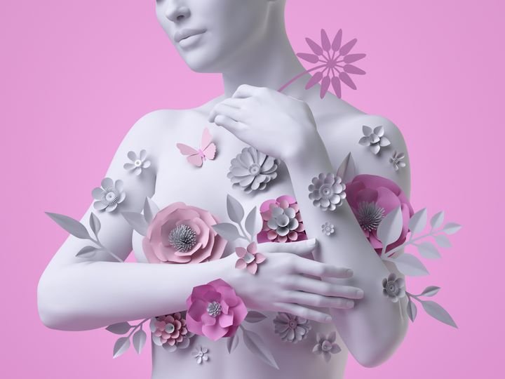 3d render, floral female bust, white mannequin covered with delicate paper flowers, woman silhouette isolated on pink background. Breast cancer support. Fashion concept. Modern botanical sculpture.