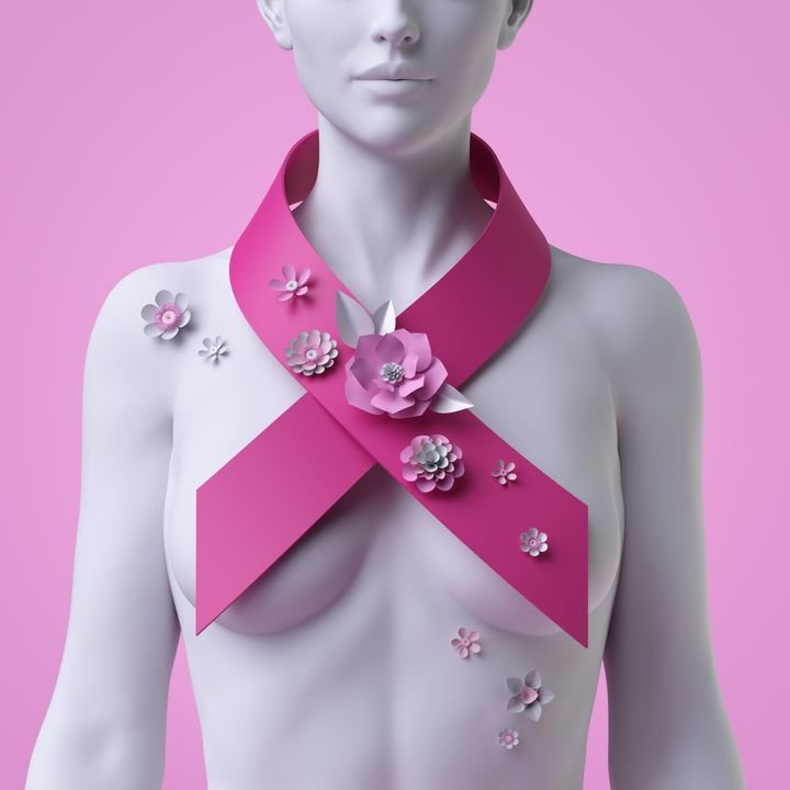 3d render of a white mannequin silhouette isolated on pink background, female bust with pink ribbon and paper flowers. Breast cancer concept, woman health care