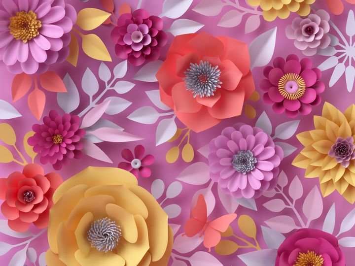 3d render. Abstract botanical wallpaper, colorful paper flowers isolated on pink background. Mother's day festive decor, feminine handmade floral wall decoration