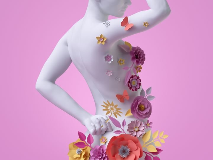 3d render, slim female body back view, white mannequin decorated with colorful paper flowers, woman silhouette isolated on pink background. Fashion floral dress concept. Modern botanical sculpture