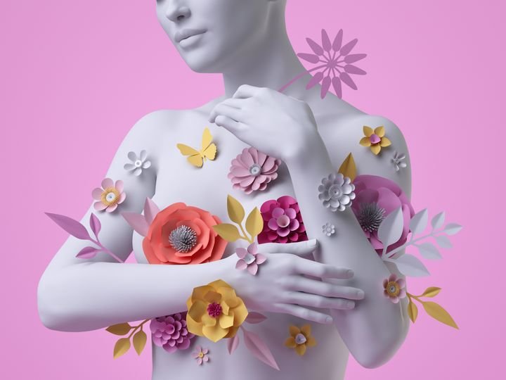 3d render, female bust, white mannequin covered with colorful paper flowers, woman silhouette isolated on pink background. Breast cancer support. Floral fashion concept. Modern botanical sculpture