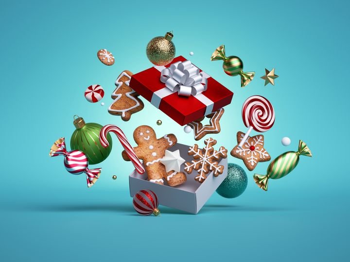 3d render, Christmas festive illustration. Gingerbread cookies, candies and balls ornaments fly out the open gift box, isolated on blue background. Objects levitate