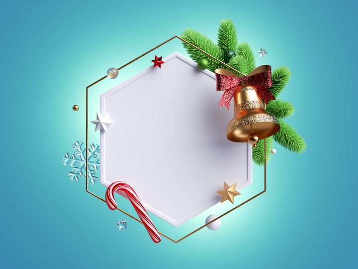 3d render, Christmas hexagonal frame with blank space, decorated with spruce twigs, golden bell, candy cane and festive ornaments, isolated on blue background