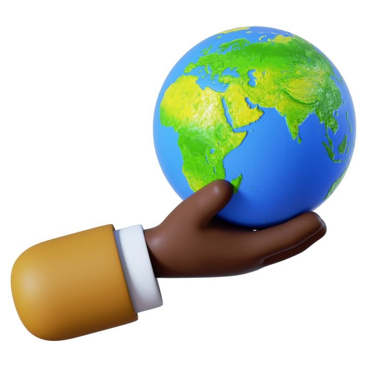 3d illustration. Save the planet icon. Worldwide concept. African cartoon character hand holds earth globe. Simple clip art isolated on white background
