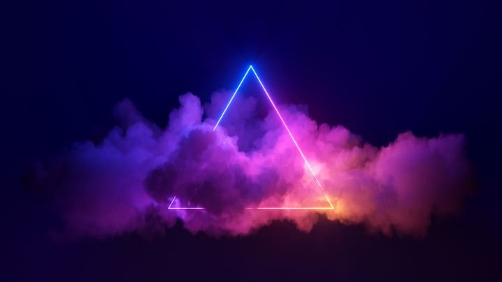 3d render, abstract background with cloud and neon triangular shape in the night sky. Stormy cumulus with glowing geometric frame