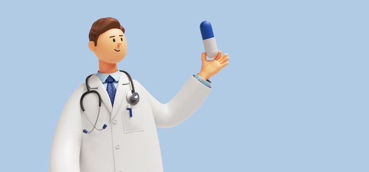 3d render. Doctor or pharmacist cartoon character holding big blue pill. Medicament recommendation. Pharmaceutical clip art isolated on blue background