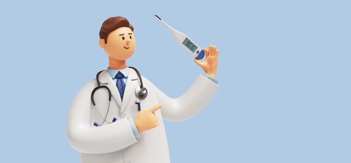 3d render, doctor cartoon character with stethoscope, holds thermometer. Medical clip art isolated on blue background