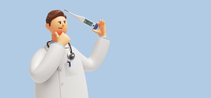 3d render, doctor cartoon character wearing uniform and stethoscope holding thermometer device, medical clip art isolated on blue background