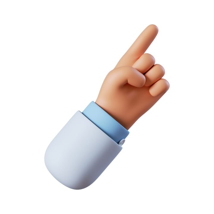 3d render. Cartoon hand icon with finger pointing up right corner. Doctor recommendation. Digital illustration. Clip art isolated on white background.