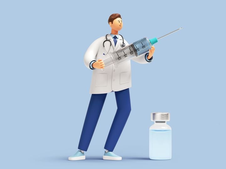 3d render. Doctor or pharmacist cartoon character fights against the virus with big syringe with vaccine. Medical clip art isolated on blue background. Vaccination concept