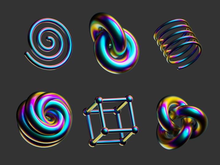 3d render, assorted iridescent geometric shapes, abstract objects. Collection of colorful metallic design elements. Clip art isolated on dark grey background