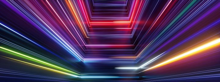 3d render, abstract geometric background with bright neon rays and colorful lines, multicolor spectrum glowing in ultraviolet light