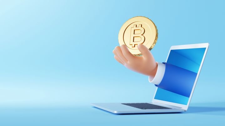 3d illustration. Cartoon character hand sticking out the laptop screen, holds golden coin with the bitcoin symbol. Blockchain cryptocurrency clip art isolated on blue background. Financial application