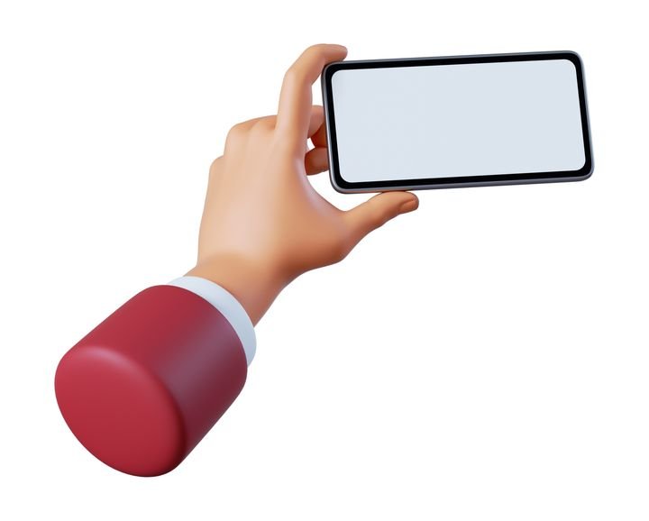 3d render, human hand holds abstract mobile device in horizontal position with white screen. Smart phone blank mockup. Business icon, clip art isolated on white background