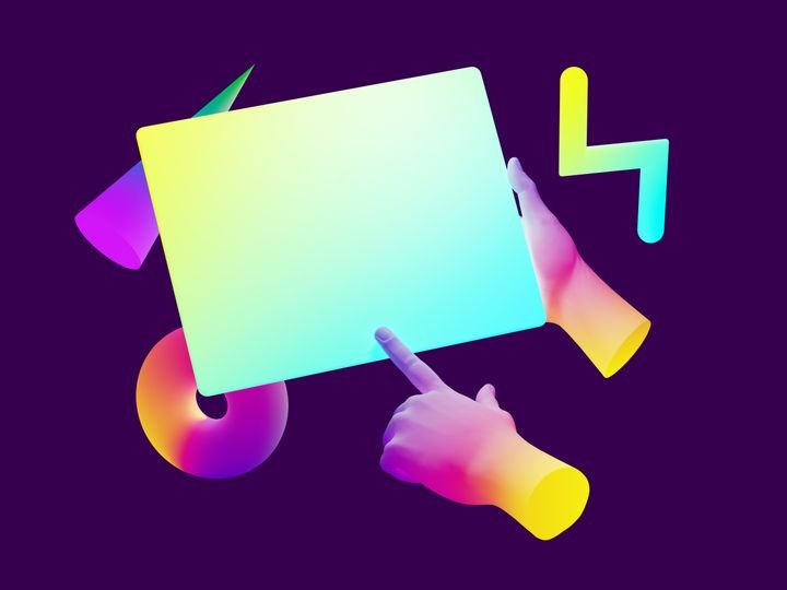3d render, abstract creative concept with colorful neon objects levitating, hands holding digital pad device. Touchscreen technology concept
