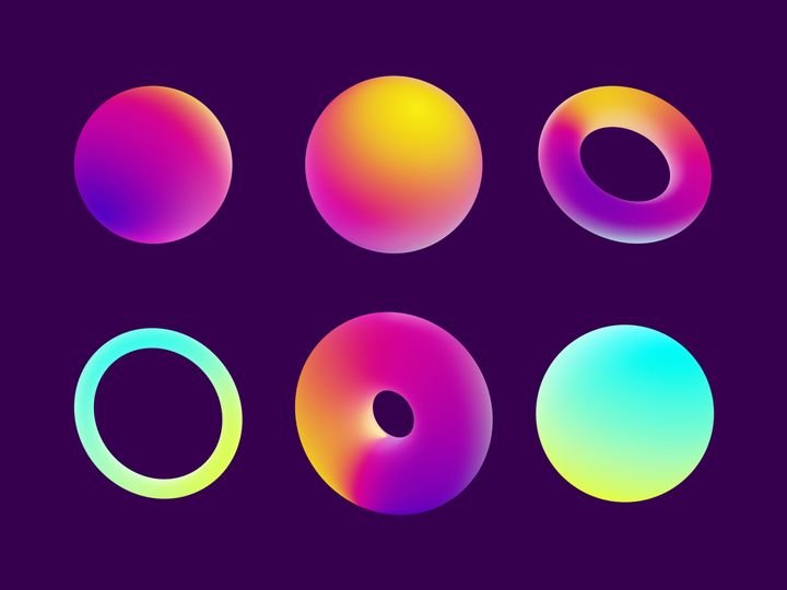 3d render, assorted abstract neon geometric shapes, colorful rings and balls, isolated on purple background