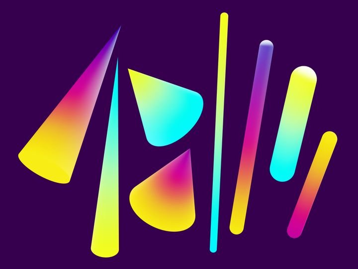 3d render, abstract colorful neon geometric shapes isolated on purple background