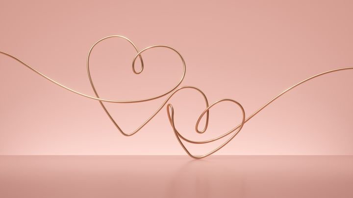 3d render, abstract pastel rose gold background. Valentines Day festive concept with golden hearts line art and pedestal steps. Modern minimal showcase scene for product presentation