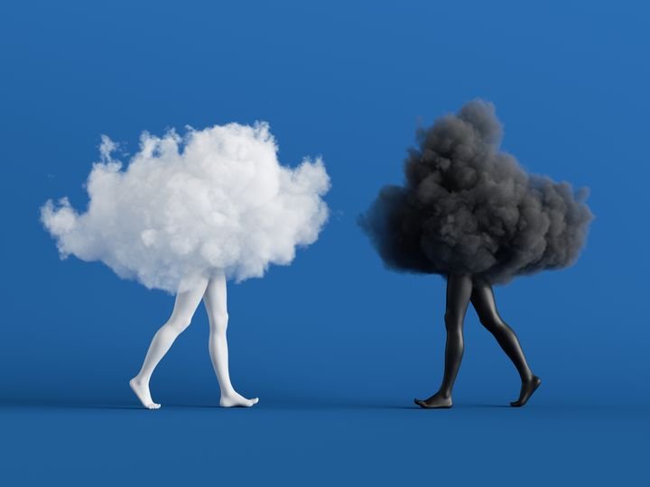 3d render. Couple of abstract white and black clouds with mannequin legs. Social role play. Partners interaction. Minimal surreal clip art isolated on blue background