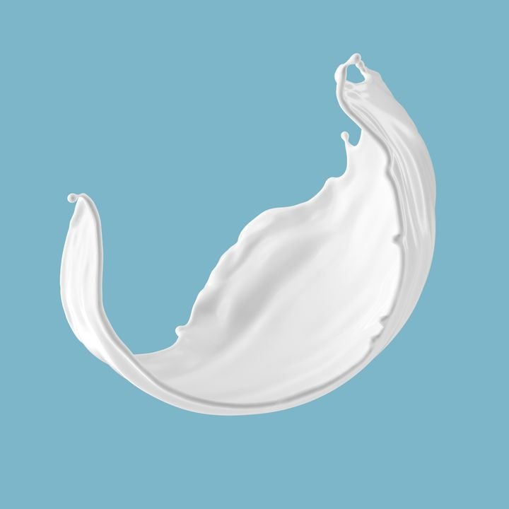 3d render, milk splash isolated on blue background. White paint splashing. Liquid wave clip art.