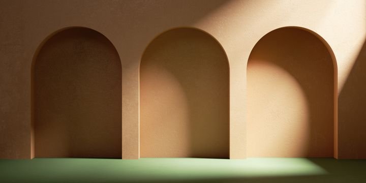 3d render. Abstract geometric terracotta background. Moroccan gallery wall with empty arch niches. Modern minimal showcase scene for product presentation