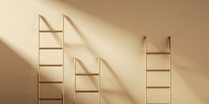 3d render. Abstract beige background. Empty wall with three ladders illuminated with the sunlight