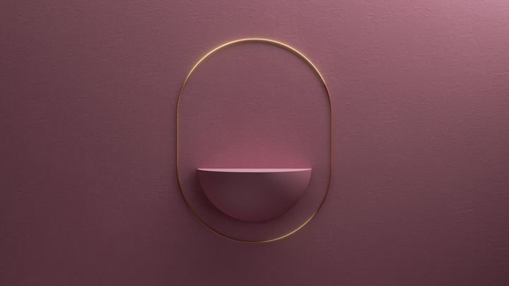 3d render, abstract monochrome pink geometric background. Modern minimal showcase scene in art deco style, with empty shelf for premium product presentation