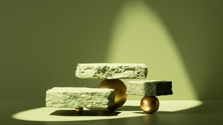 3d render, abstract green background with shadows and bright sunlight. Minimal scene with rough cobblestone slabs balancing on golden balls, showcase for product presentation