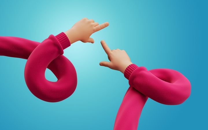 3d render, cartoon character flexible hands in red knitted sweater, pointing finger. Funny clip art isolated on blue background