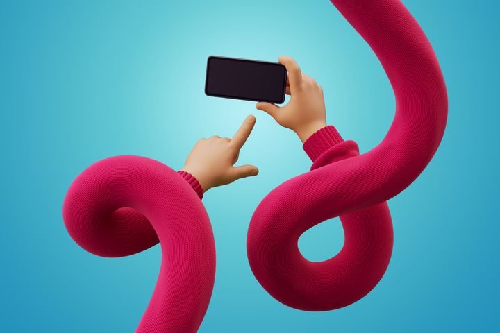 3d render, cartoon flexible hands in red sweater hold smart phone with empty screen. Touchscreen technology. Funny winter clip art isolated on blue background