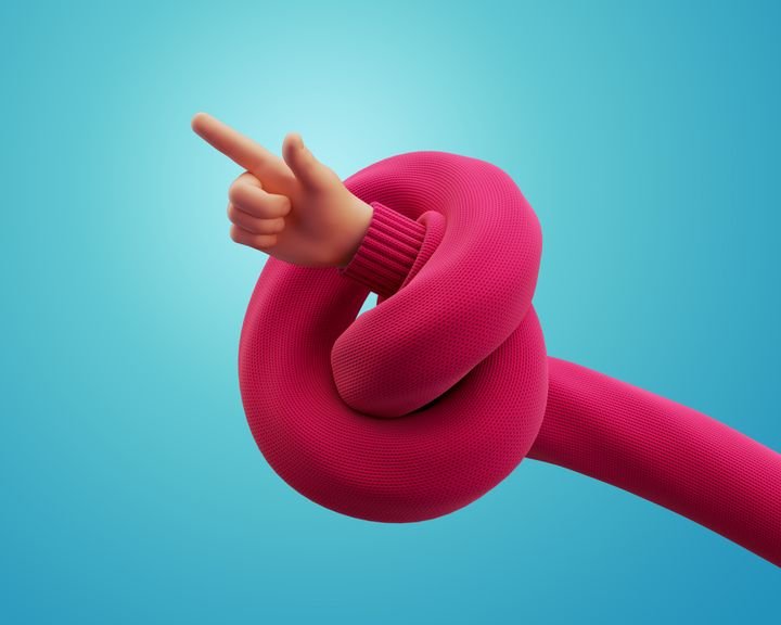 3d render, cartoon character knotted hand in red sweater points forward, pointing finger, shows direction. Funny clip art isolated on blue background