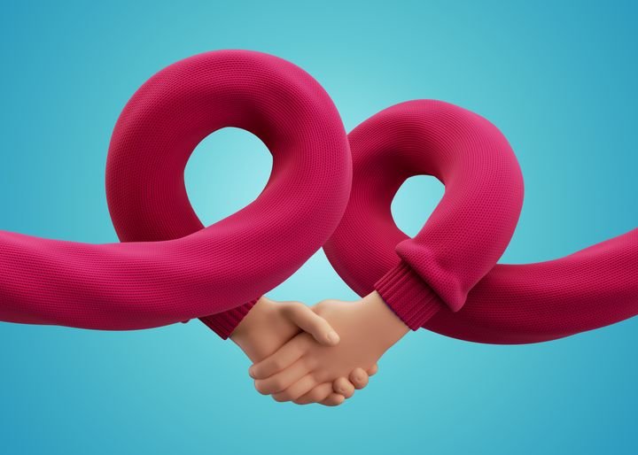 3d render, cartoon character flexible hands in red sweater. Handshake gesture. Partnership concept, agreement clip art isolated on blue background