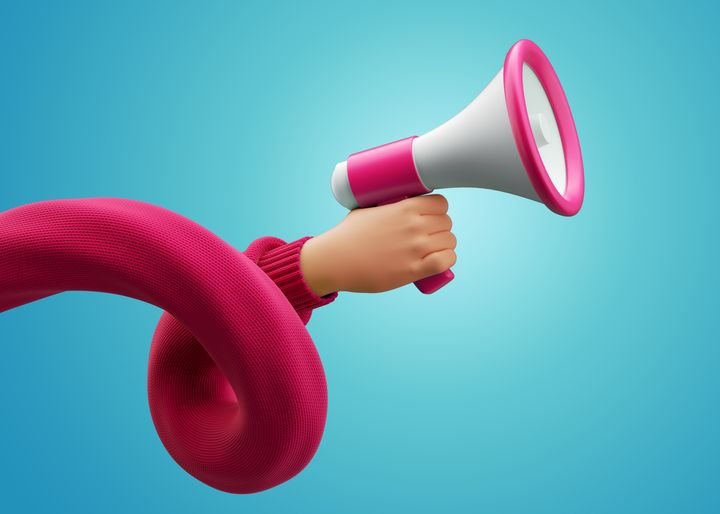 3d illustration. Cartoon character hand wearing red knitwear sweater, holds megaphone. Online social media clip art isolated on blue background. News announcement concept