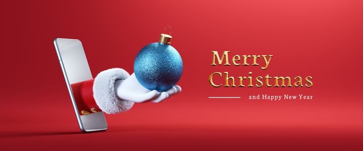 3d render. Cartoon character Santa Claus hand holds blue glass ball ornament, sticking out the smartphone screen. Christmas festive banner with red background and golden text