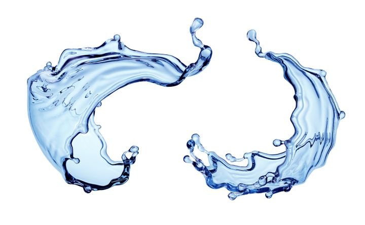 3d render, collection of splashing water elements. Blue wavy liquid splash, clip art isolated on white background