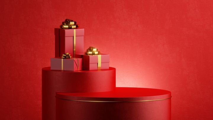 3d render, abstract Christmas festive background. Stack of red gift boxes with golden ribbon bows. Showcase scene with empty stage podium for product presentation. Holiday sale