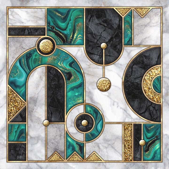 abstract geometric background with marble mosaic inlay. Mixed tiles with artificial stone textures and shiny metallic foil. Malachite green art deco pattern. Black white gold decorative wallpaper