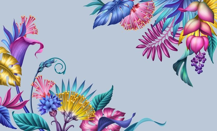 digital illustration with floral corners, abstract botanical background with colorful fantasy tropical flowers