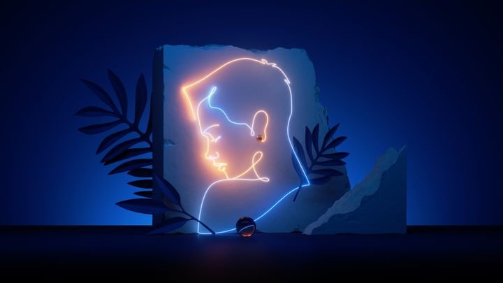 3d render. Abstract woman profile portrait glowing with yellow blue neon light. Linear art with broken cobble stones, concrete blocks, rocks and tropical leaves. Futuristic minimal fashion scene