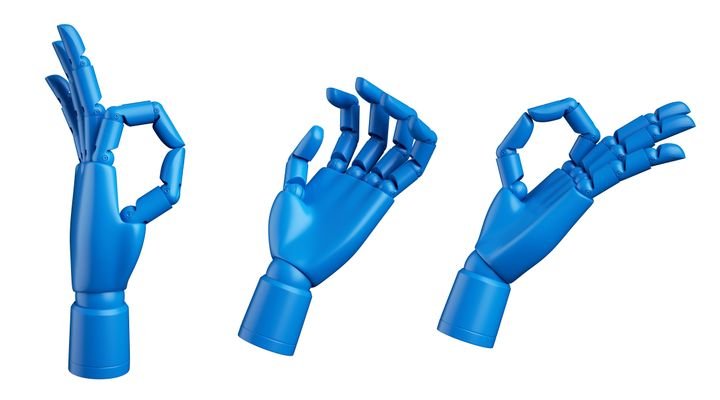 3d render, blue dummy mannequin hand, mechanical robot manipulator, set of assorted gestures isolated on white background, artificial body part prosthesis