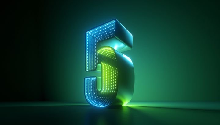 3d render, number five, green blue glowing neon light