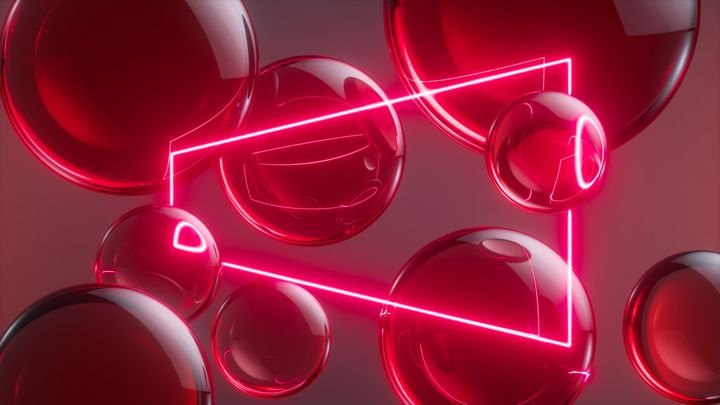 3d render, abstract background with glass balls and glowing neon frame, laser rays