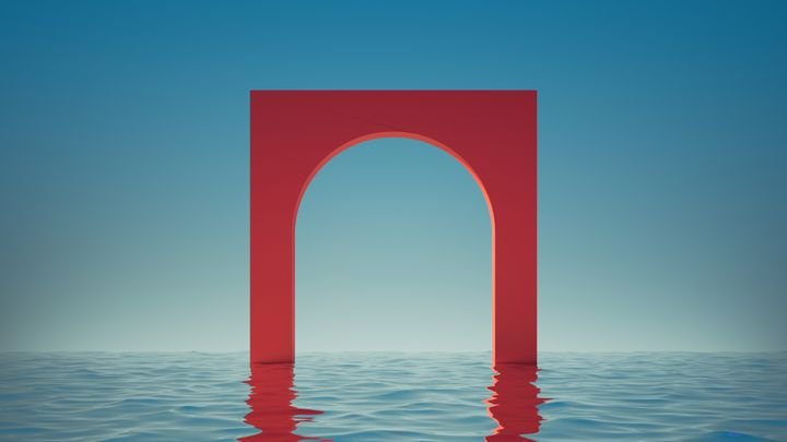 3d render. Abstract panoramic background with red arch in the water, under the blue sky. Modern minimal showcase for product presentation