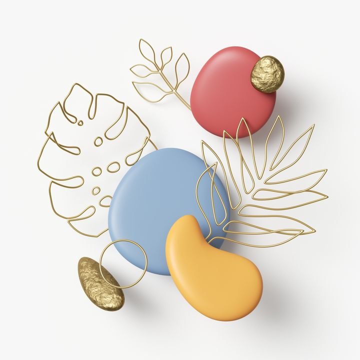 3d render, abstract geometric composition with decorative colorful shapes and tropical leaves made of golden wire, minimal line art isolated on white background