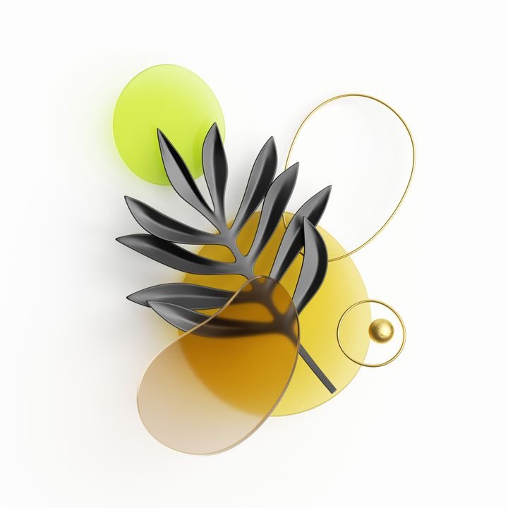 3d render, abstract composition with black paper palm leaf, golden wire and colorful glass shapes isolated on white background