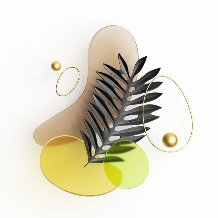 3d render, abstract composition with black paper palm leaf, golden wire and colorful glass shapes isolated on white background