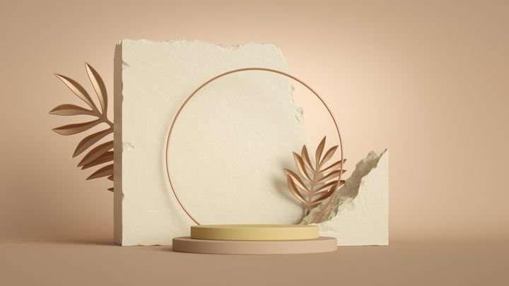 3d render, abstract background with stone ruins, round frame, empty podium and tropical leaf isolated on pastel background. Modern minimal showcase scene for product presentation