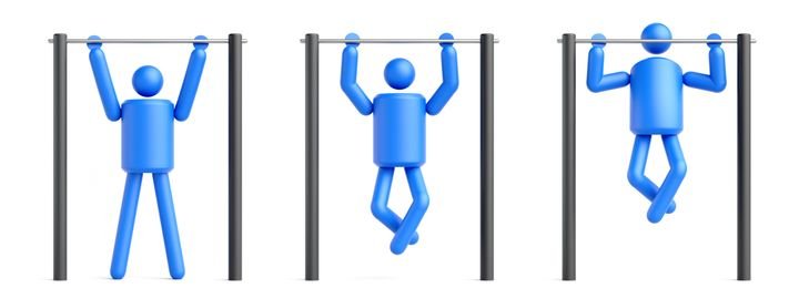 3d render. Abstract man symbol, sports clip art isolated on white background. Pull-up bar workout. Sportsman athlete icon set